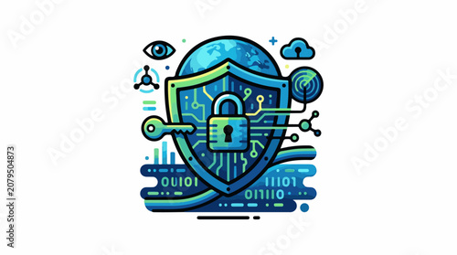 Digital security shield with globe key and binary code