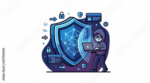 Hacker with laptop targeting a digital shield with data and locks