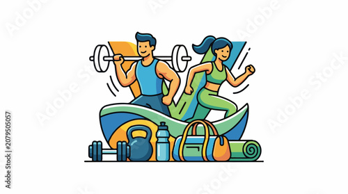 A cartoon illustration of a man and woman exercising with fitness equipment