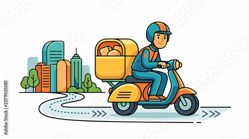 Cartoon delivery person rides scooter through city with food in basket