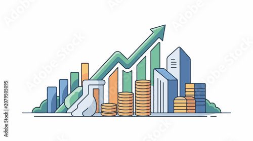 Stylized upward trending graph with coins and abstract buildings