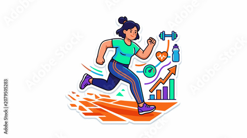 Stylized illustration of a woman running with fitness and progress graphics