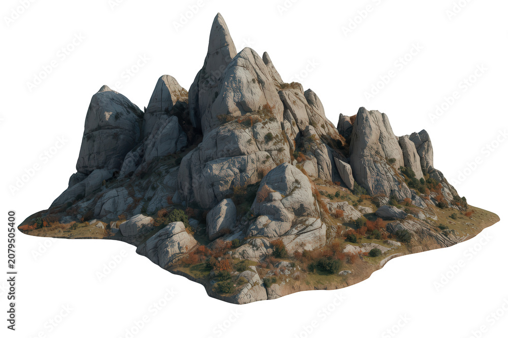 Obraz premium Rugged mountain peaks showcasing natural granite rock formations with scattered autumn grass and transparent background