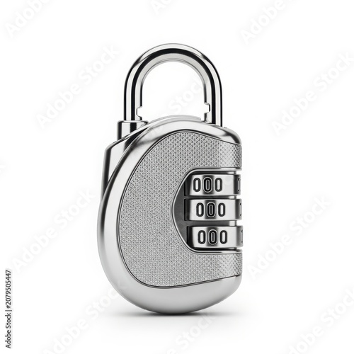 Silver combination padlock with three-digit dials set to zero and arched shackle isolated on white background
