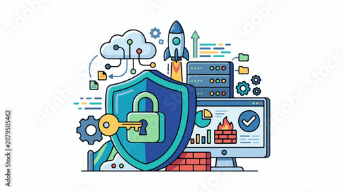 A colorful illustration of a shield with a key and computer