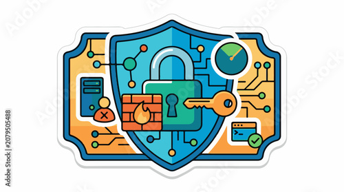 A shield with a padlock and key surrounded by circuit board elements and security symbols