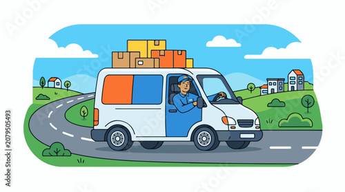 A delivery person drives a van loaded with boxes through a cartoon landscape