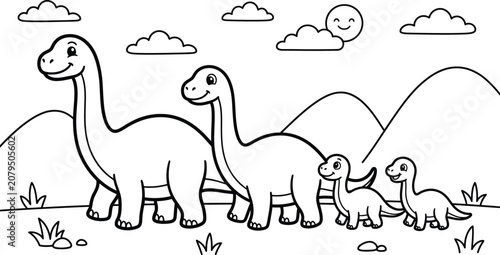 Smiling dinosaurs family in a landscape