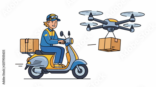 Courier on scooter and drone deliver packages to customer