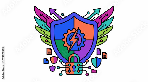 A colorful shield with a gear and lightning bolt surrounded by arrows and security symbols