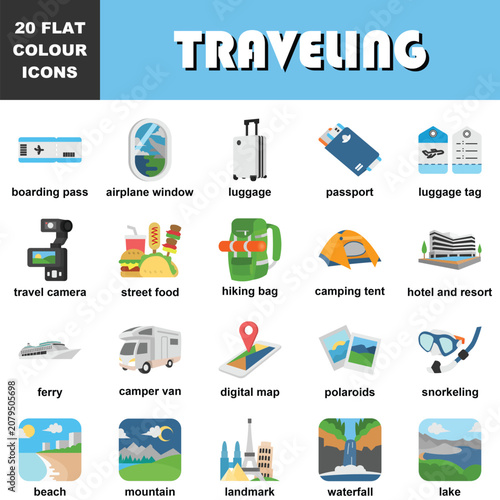 Traveling Flat Color Icon Set Collection – Boarding Pass, Airplane Window, Luggage, Passport, Camping, Beach, Mountain, Landmark, Adventure and Vacation Vector Icons