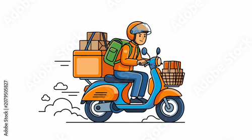 Cartoon courier on a scooter delivering packages with a backpack (1)