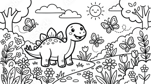 Smiling stegosaurus dinosaur in a garden