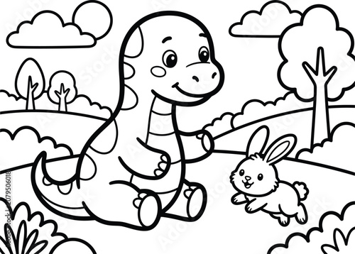 Cartoon dinosaur chasing rabbit in outdoor landscape black and white