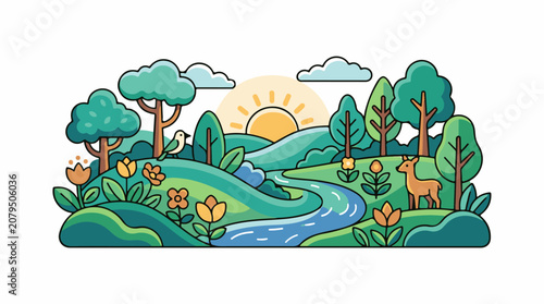 Stylized green landscape with rolling hills a winding river trees and animals