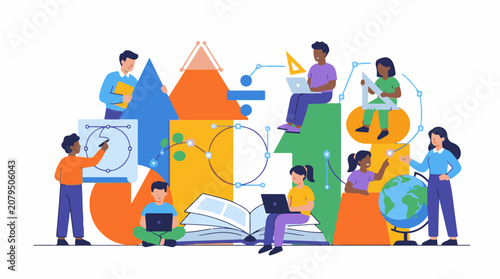 Diverse students engage in learning and digital creation with geometric elements