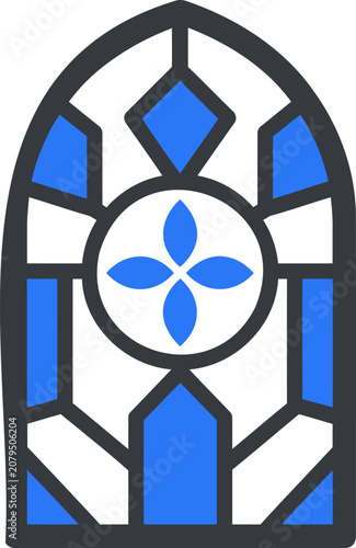 Stained glass window, blue and white, Gothic style, vector icon, decorative element