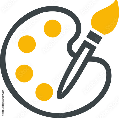 Painter palette, paintbrush, art supplies, creative tools, yellow and gray