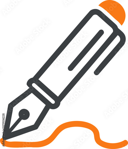 Fountain pen icon, writing instrument, black and orange, vector graphics