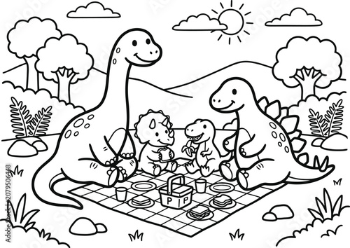 Dinosaurs on a picnic in a scenic outdoor setting
