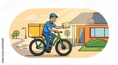 Courier delivers package by bicycle to a suburban house