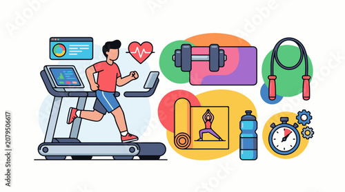 Fitness icons man running on treadmill weights jump rope