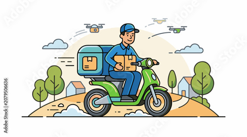 Delivery person on scooter with drones in the sky