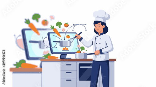 A chef cooks with vegetables and uses a computer