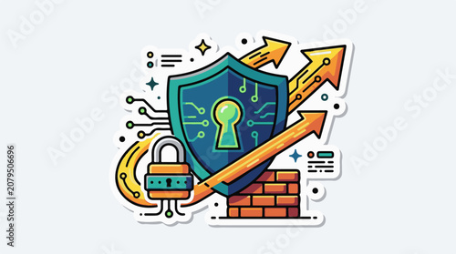 Digital security shield with lock arrows and brick wall