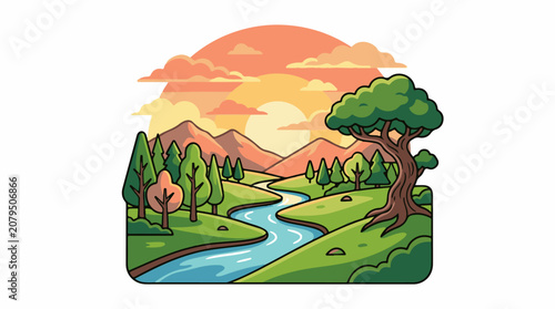 Stylized landscape with a winding river trees and a sunset