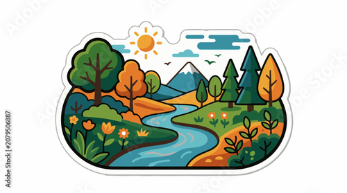 Vibrant stylized nature scene with river mountains and trees