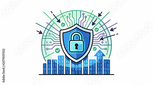 Digital shield with lock data streams and growth arrow