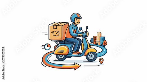 Speedy delivery person on scooter with package through cityscape