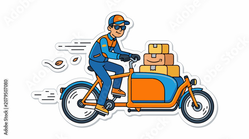 Courier on a cargo bike delivers parcels with a smiling face