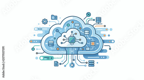 Stylized cloud with connected circuitry and processing units