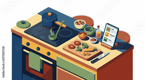 Isometric kitchen scene with digital recipe display stove and fresh ingredients