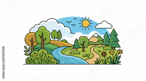 A vibrant stylized landscape features a winding blue river rolling green hills trees and distant mountains under a s