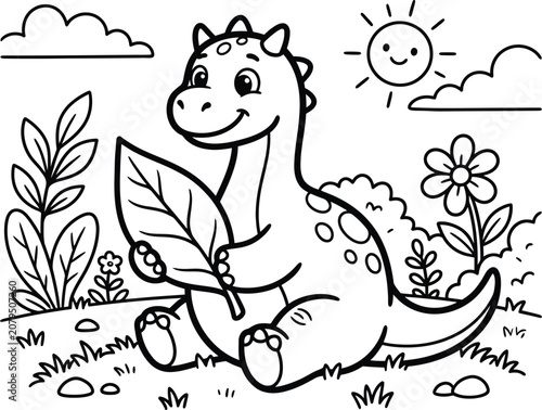 Friendly dinosaur in a sunny meadow with flowers and leaves