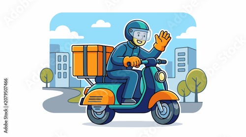 A friendly delivery person rides a scooter through a city