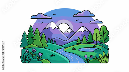 Stylized landscape with mountains river trees and flowers