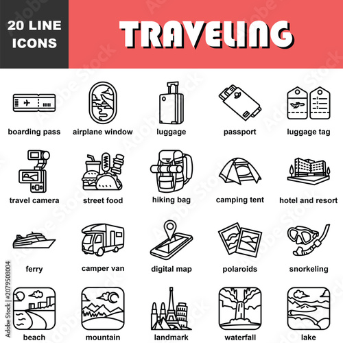 Travel Line Icons Set - Tourism, Vacation, Adventure, Transportation, Camping and Destination Vector Outline Icon Collection