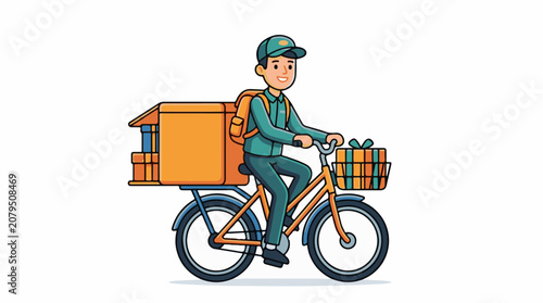 Smiling delivery person on bicycle carrying gifts and packages