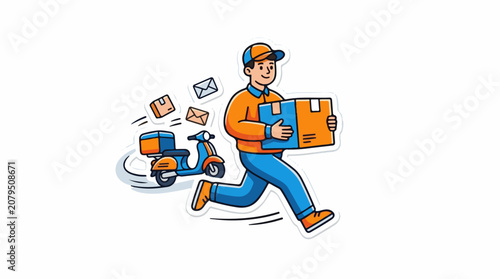 Delivery person rushes with package and scooter carrying box