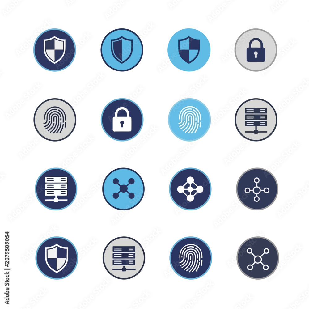 Fototapeta premium Cyber Security Icons: Shield, Padlock, Fingerprint, Server, Network Node Symbols