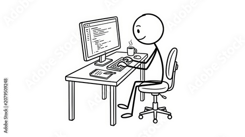 Minimalist stick figure programmer working at desk, software developer coding on computer, hand drawn doodle of office employee at workstation