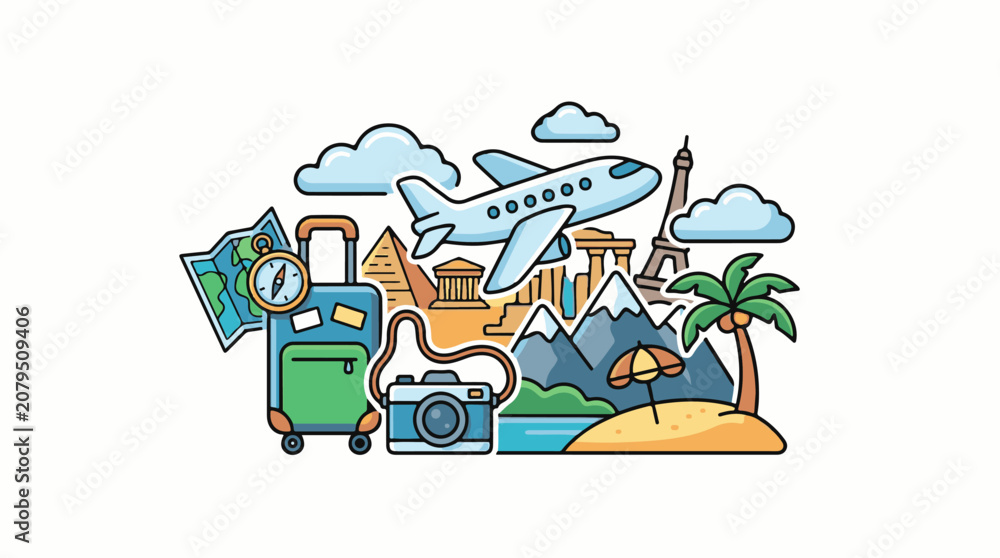 Fototapeta premium A travel collage with a plane landmarks and beach essentials