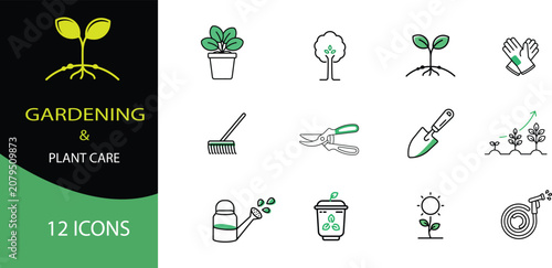Gardening and Plant Care Outline Icon Set – Watering Can, Garden Tools, Seedling, Compost and Plant Growth Symbols Vector Collection   