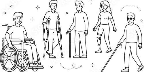 Foto Diverse People with Disabilities Line Art Icon Set with Wheelchair User, Man on