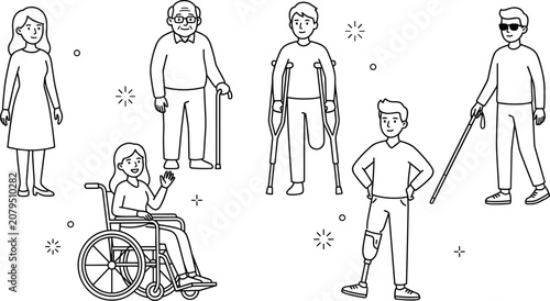 Bild auf Leinwand Diverse People with Disabilities Line Art Icon Set with Wheelchair, Crutches, Pr