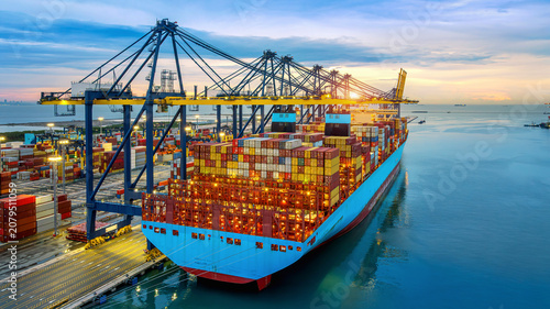 Aerial shots of Container ship loading and unloading in port.